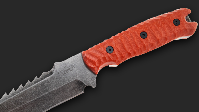 Breacher 2.0 - Carbonstahl Stonewash / Micarta orange Rockfinish / Kydexscheide / mit Gürtelhalter