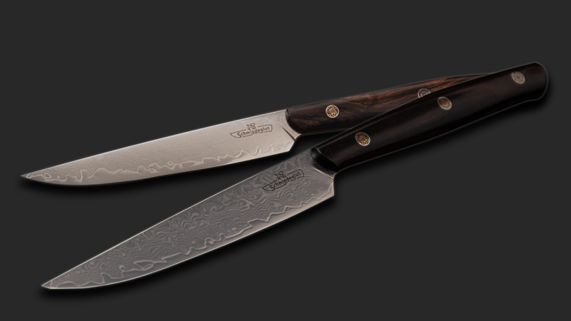 Steak knife set consisting of 2 knives (VG10 Damast, 60-61HRC / handle desert ironwood/ebony / mosaicpin)